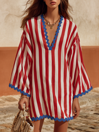 Retro Classic Color-blocked Striped V-neck Mini Dress