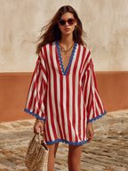 Retro Classic Color-blocked Striped V-neck Mini Dress