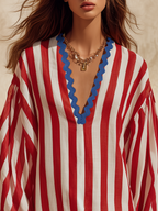 Retro Classic Color-blocked Striped V-neck Mini Dress