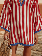 Retro Classic Color-blocked Striped V-neck Mini Dress