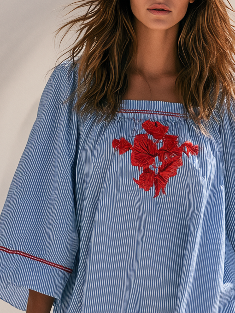 Bohemian Red-embroidered Square Neckline Blue And White Striped Mini Dress