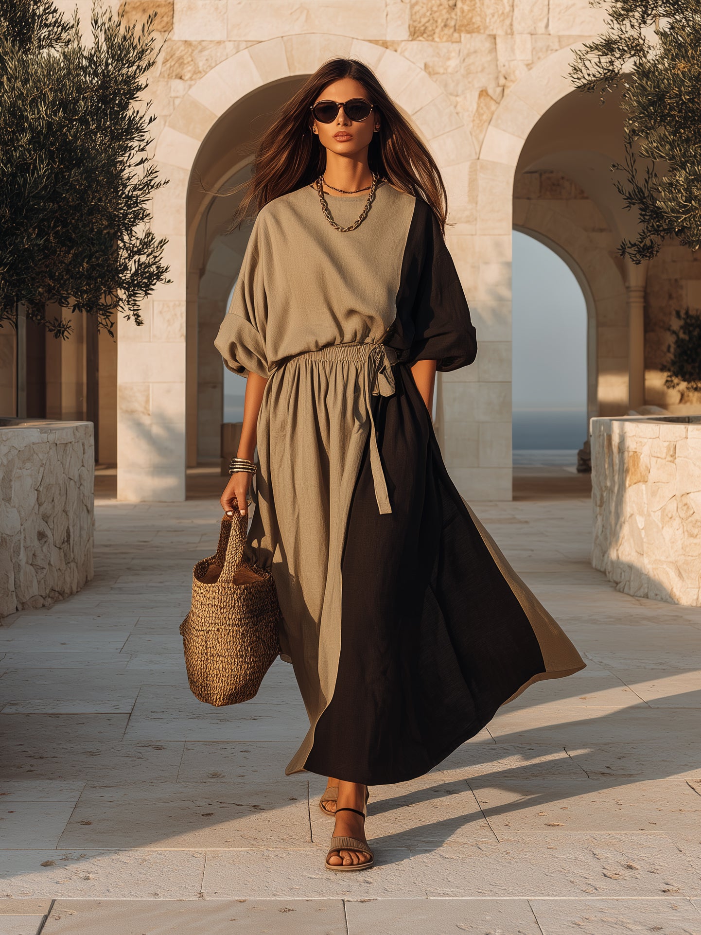 Desert Wander Taupe Black Color Block Linen Drawstring Waist Maxi Dress