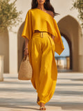 Tropical Beach Golden Yellow Linen Blend One Shoulder Crop Top Belted Wide Leg Two-Piece Set
