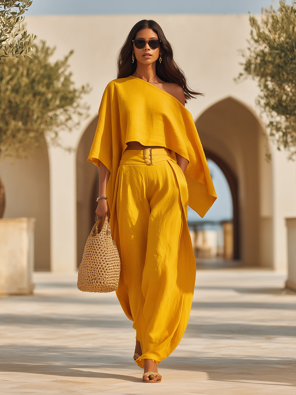 Tropical Beach Golden Yellow Linen Blend One Shoulder Crop Top Belted Wide Leg Two-Piece Set