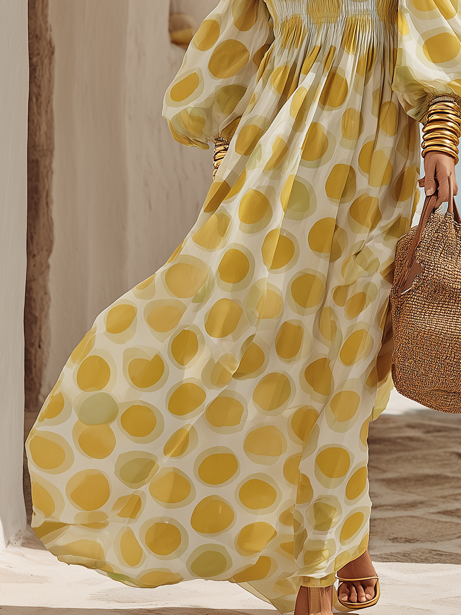 Resort-style Yellow Polka Dot Off-the-shoulder Chiffion Maxi Dress