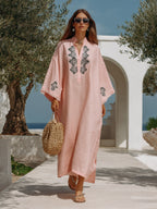 Boho Resort Pink Slub Woven Floral Embroidery Lace Cuff Kaftan Maxi Dress