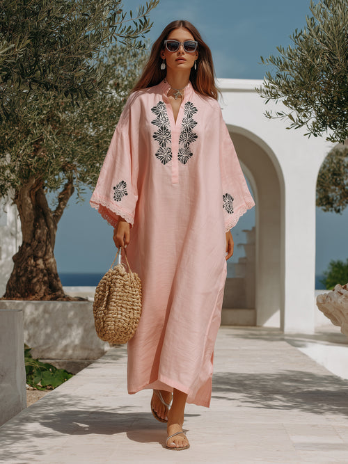 Boho Resort Pink Slub Woven Floral Embroidery Lace Cuff Kaftan Maxi Dress