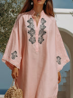 Boho Resort Pink Slub Woven Floral Embroidery Lace Cuff Kaftan Maxi Dress