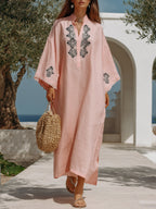 Boho Resort Pink Slub Woven Floral Embroidery Lace Cuff Kaftan Maxi Dress