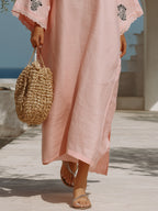 Boho Resort Pink Slub Woven Floral Embroidery Lace Cuff Kaftan Maxi Dress