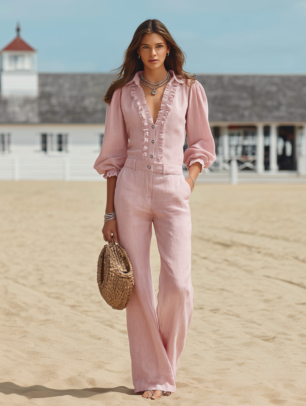 Resort-style V-neck Top With Three-quarter Sleeves And Trousers Set