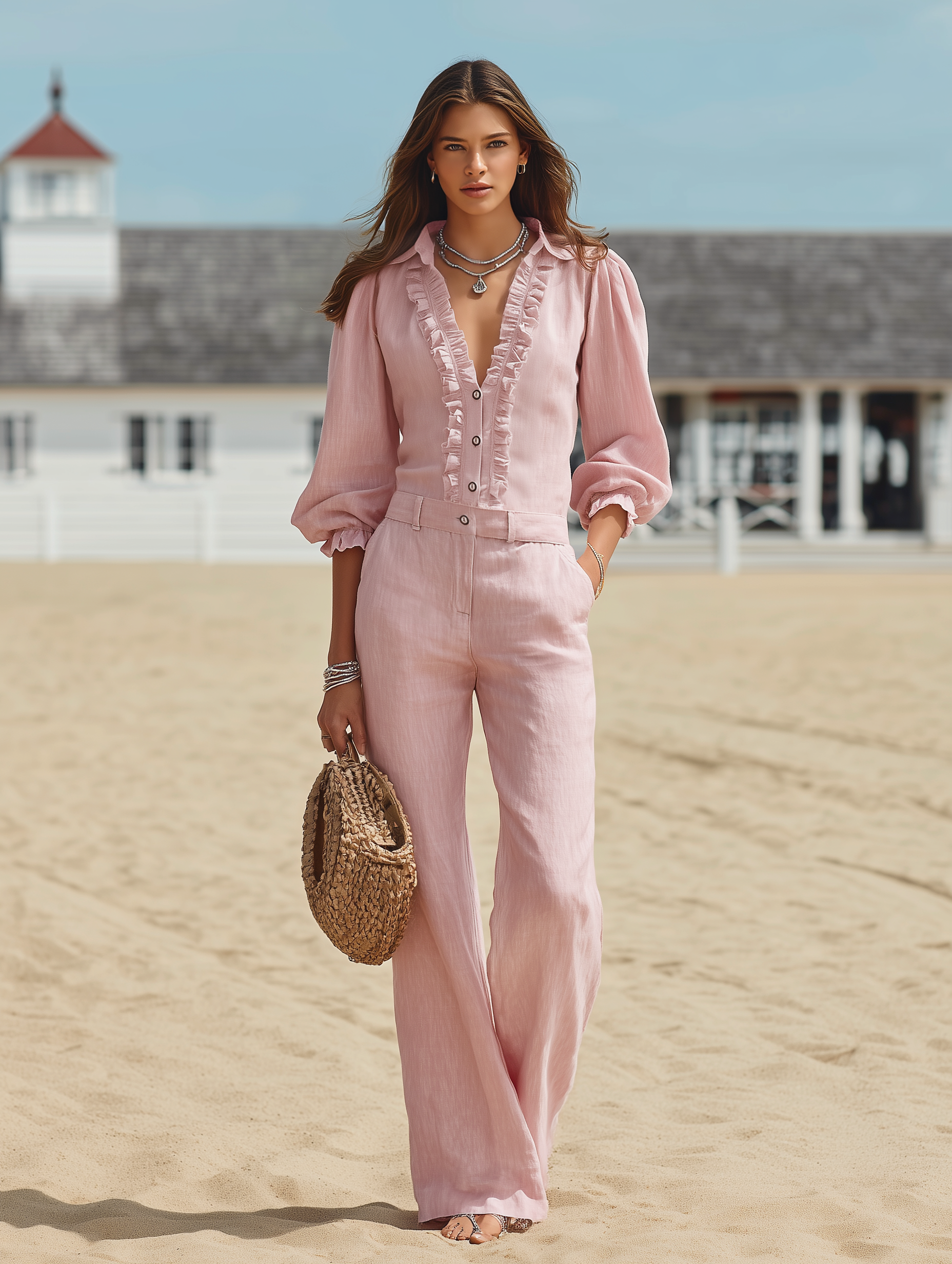 Resort-style V-neck Top With Three-quarter Sleeves And Trousers Set