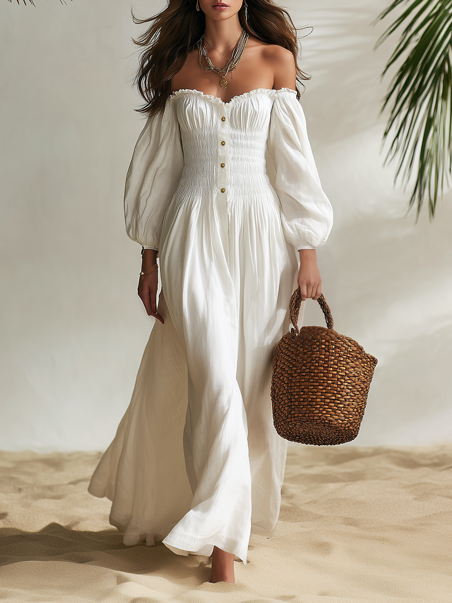 Resort-style Puff-sleeved Off-shoulder Maxi Dress
