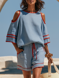 Vacation Short-sleeve Red-trimmed Blue Striped Cotton-linen Top And Shorts Set