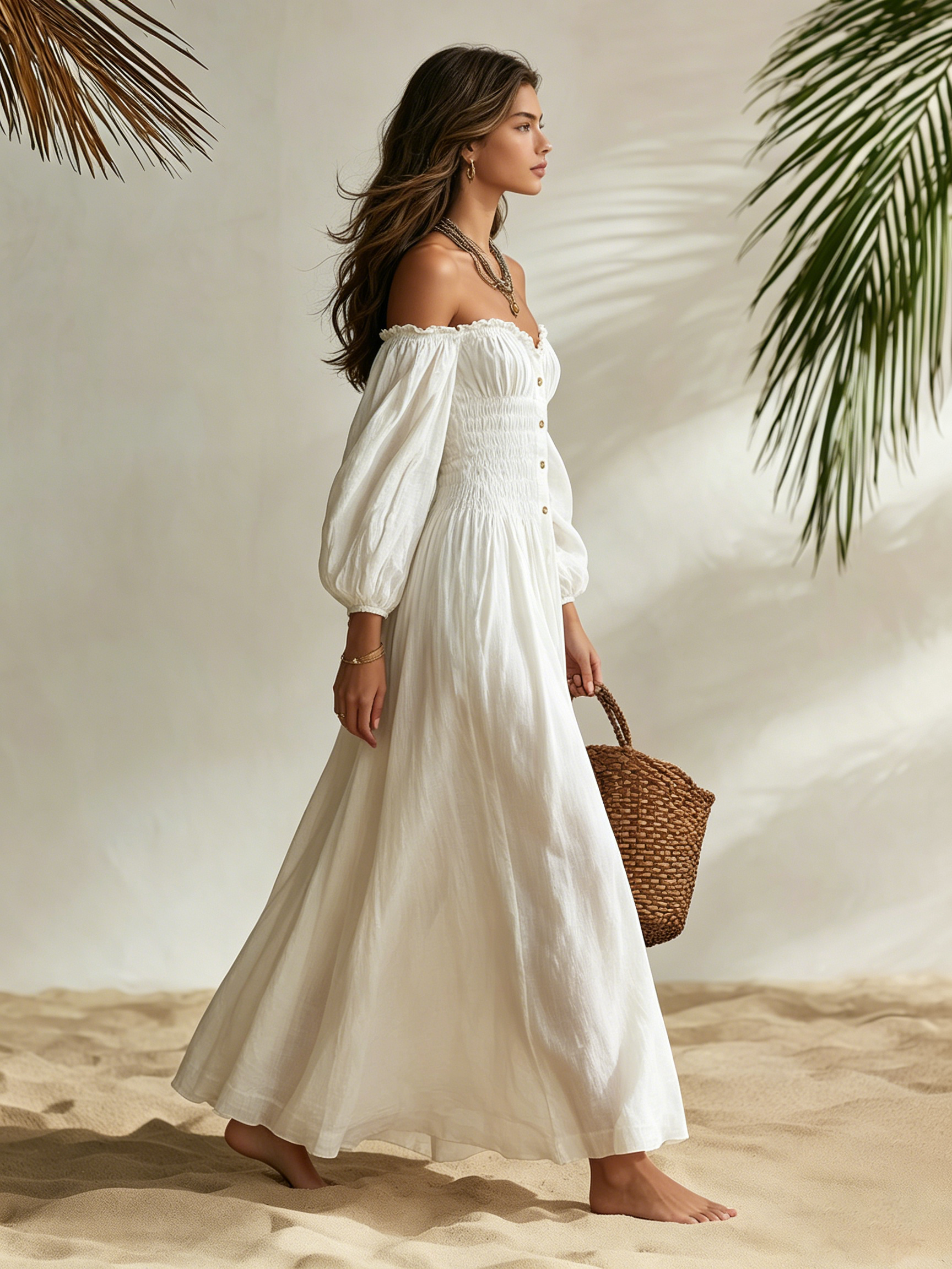 Resort-style Puff-sleeved Off-shoulder Maxi Dress
