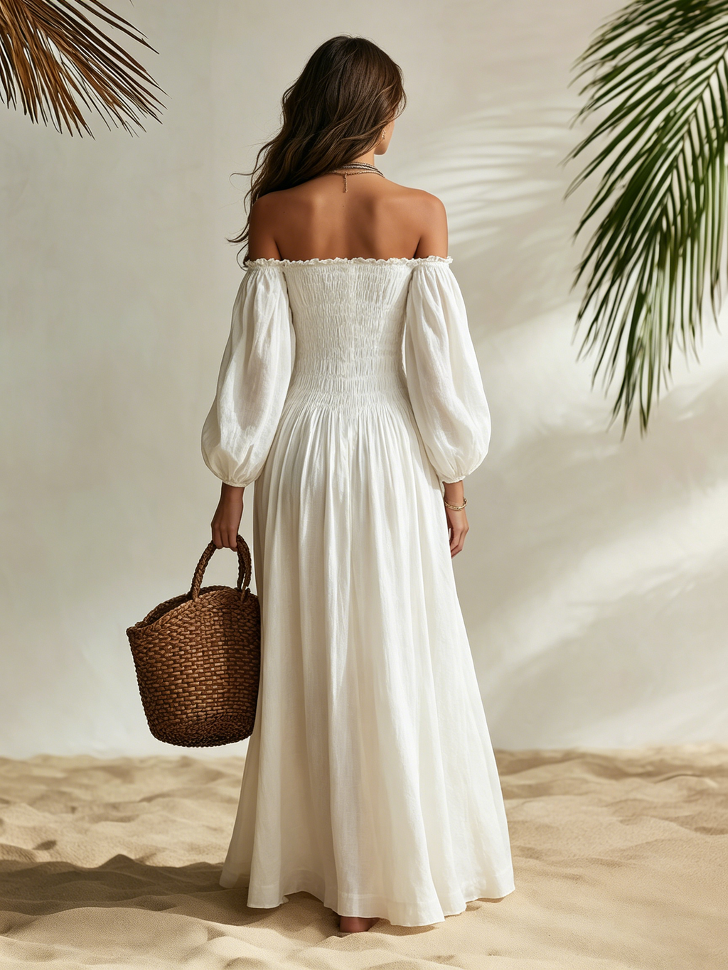Resort-style Puff-sleeved Off-shoulder Maxi Dress