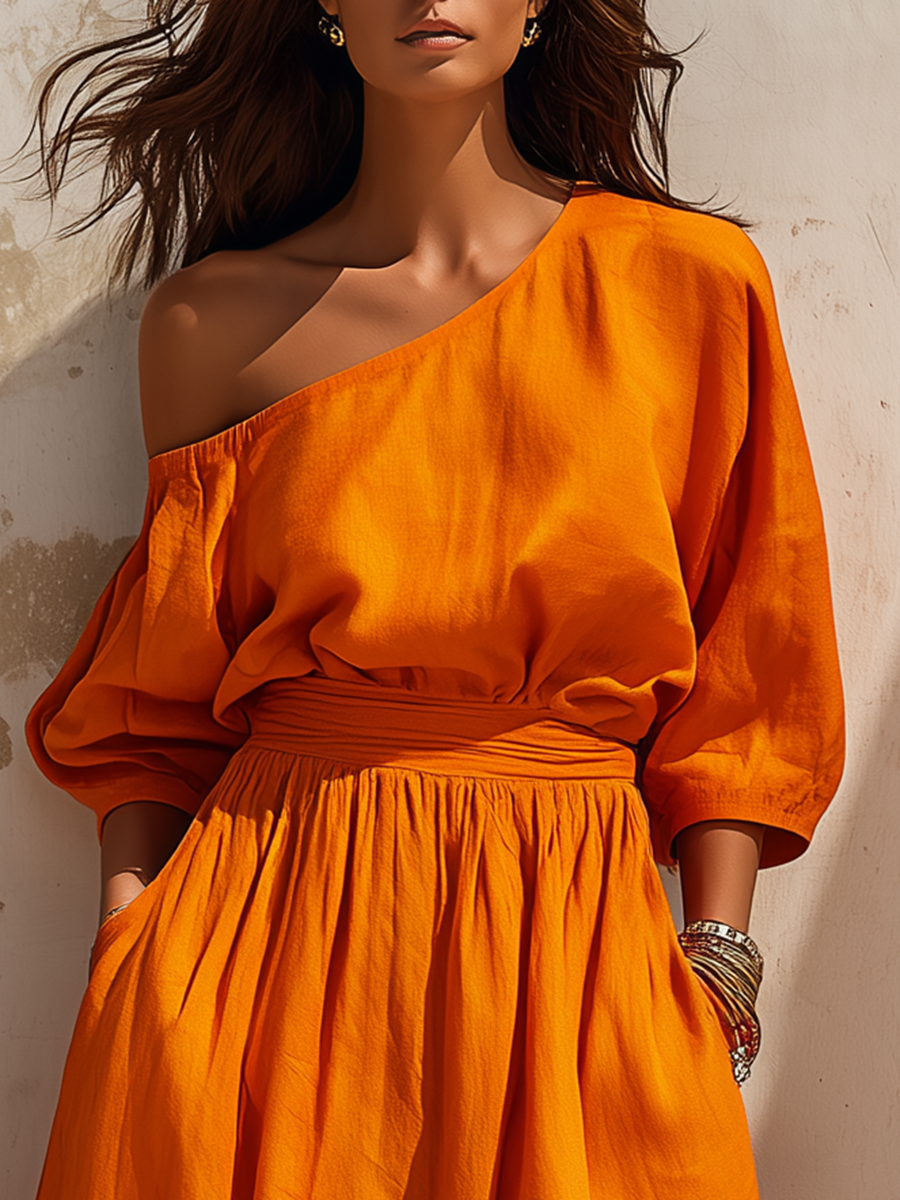 Elegant Vacation-style One-shoulder Cotton And Linen Maxi Dress