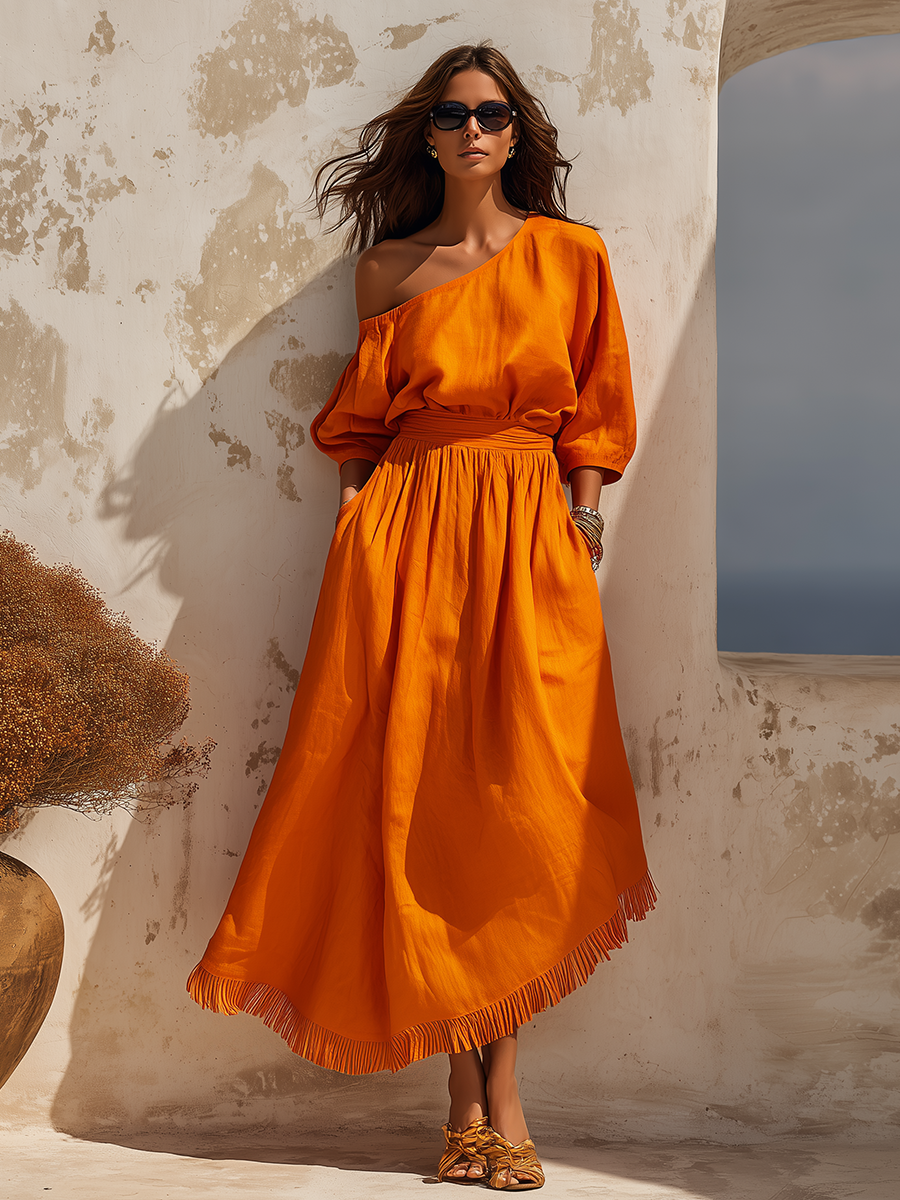 Elegant Vacation-style One-shoulder Cotton And Linen Maxi Dress