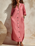 High-end Elegant Stand-up Collar Solid Color Three-quarter Sleeves Midi Shirt Dress