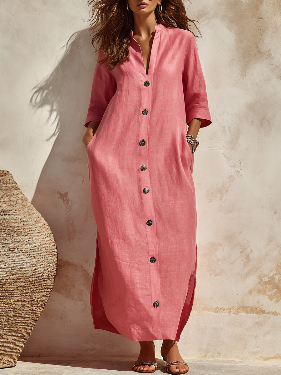 High-end Elegant Stand-up Collar Solid Color Three-quarter Sleeves Midi Shirt Dress