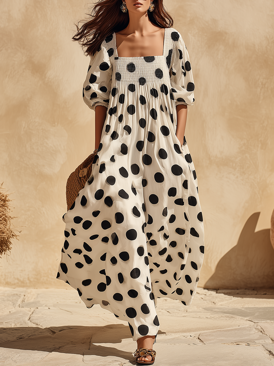 Retro Classic Polka Dot Square Neck Half-sleeve Maxi Dress