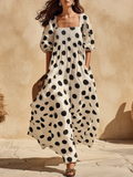 Retro Classic Polka Dot Square Neck Half-sleeve Maxi Dress