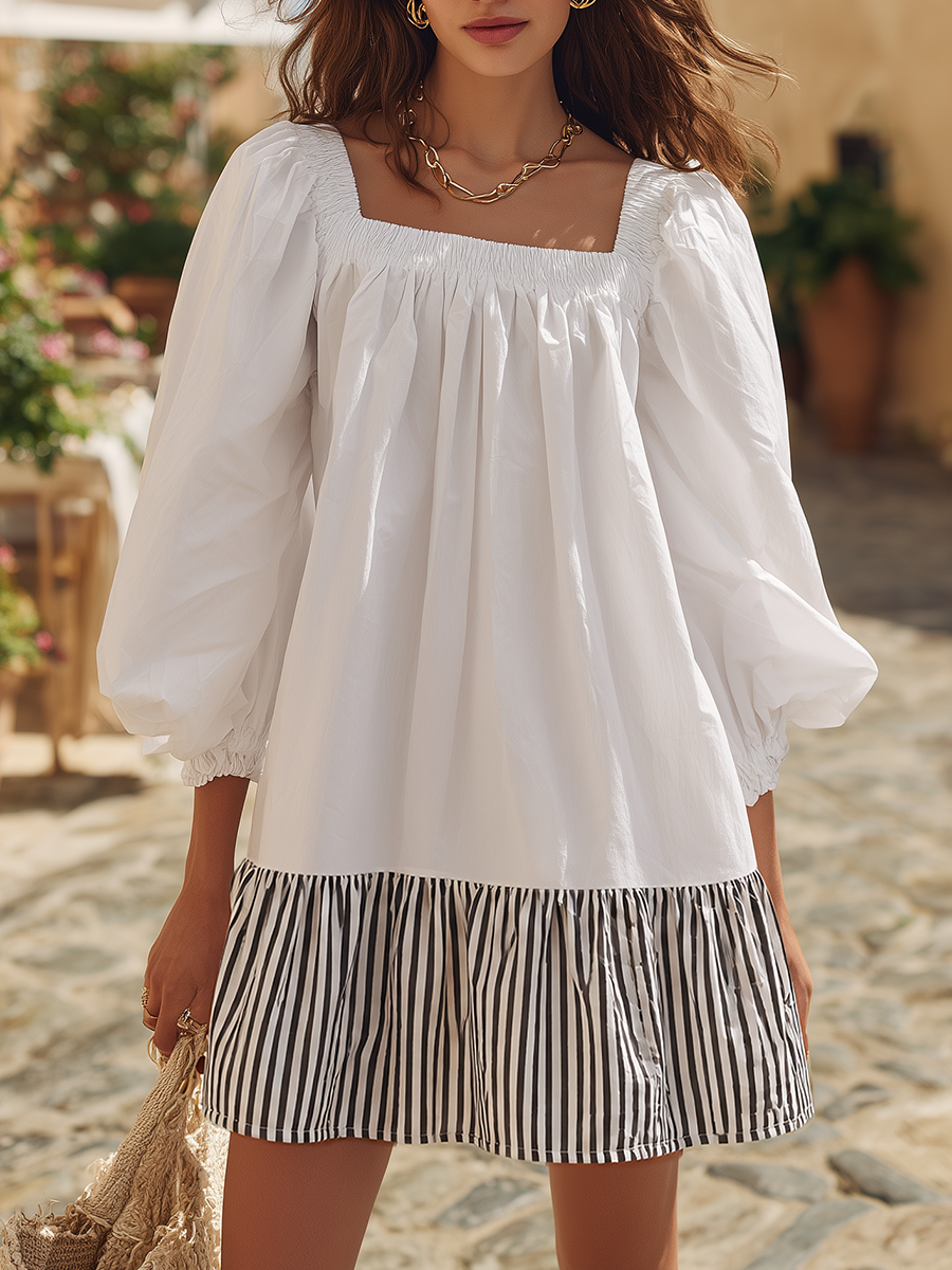 Retro Square Neck Loose Striped Ruffle Mini Dress