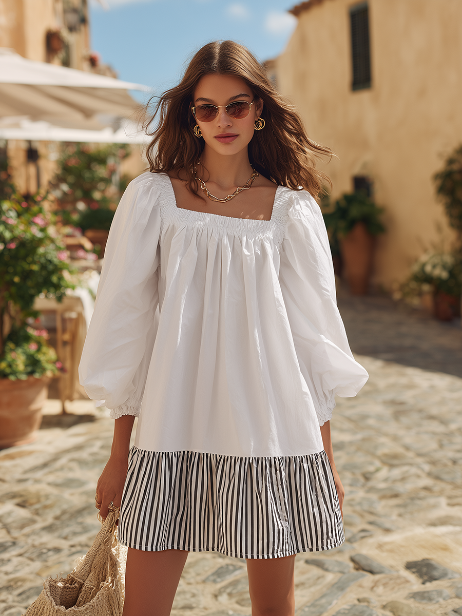 Retro Square Neck Loose Striped Ruffle Mini Dress