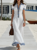 Resort-style Short-sleeve V-neck Striped Patchwork Maxi Dress