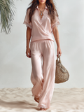 Resort-style V-neck Short-sleeve Lace-trim Top And Trousers Set