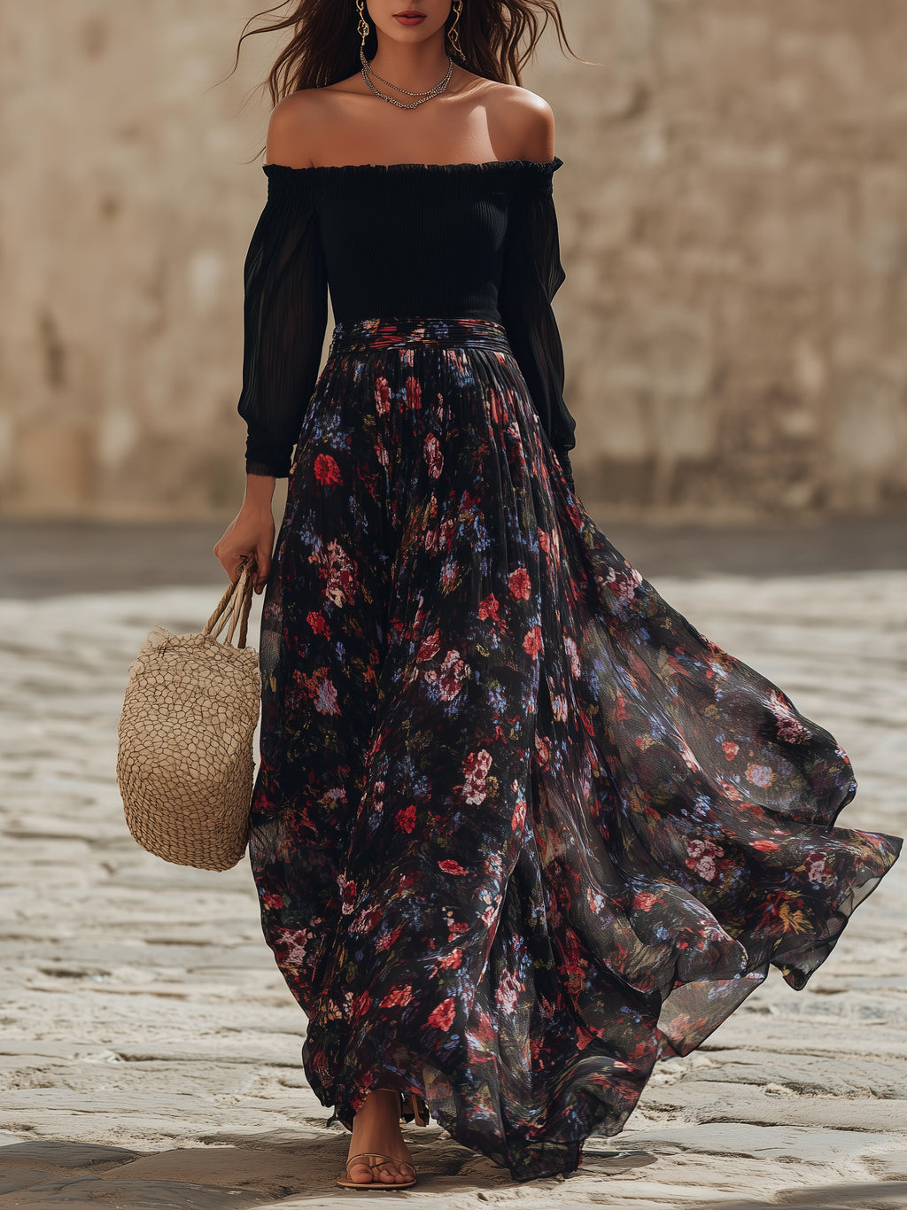 Capri Vibe Black Off Shoulder Long Sleeve Top Dark Floral Chiffon Pleated Maxi Skirt Two Piece Set