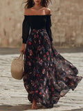 Capri Vibe Black Off Shoulder Long Sleeve Top Dark Floral Chiffon Pleated Maxi Skirt Two Piece Set