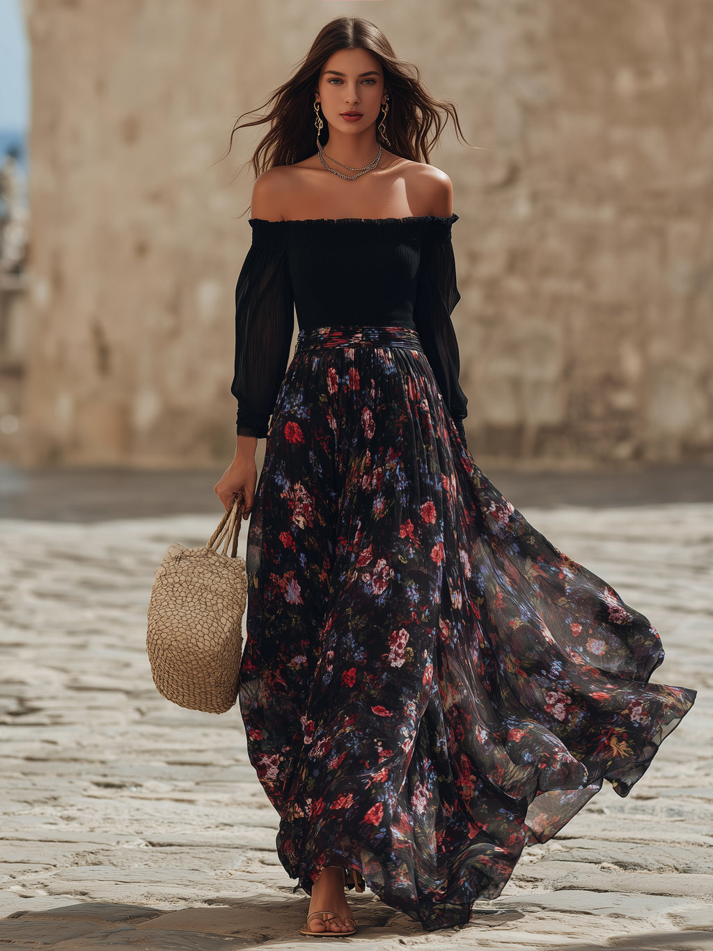 Capri Vibe Black Off Shoulder Long Sleeve Top Dark Floral Chiffon Pleated Maxi Skirt Two Piece Set