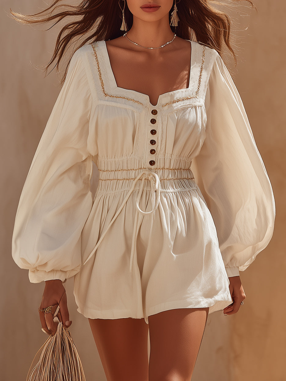 Cottagecore Off White Ethnic Embroidered Square Neck Lantern Sleeve Drawstring Waist Mini Dress