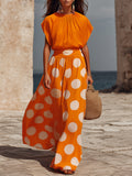 Capri Vibe Orange Solid Pleated Blouse And White Polka Dot Wide Leg Maxi Pant Set