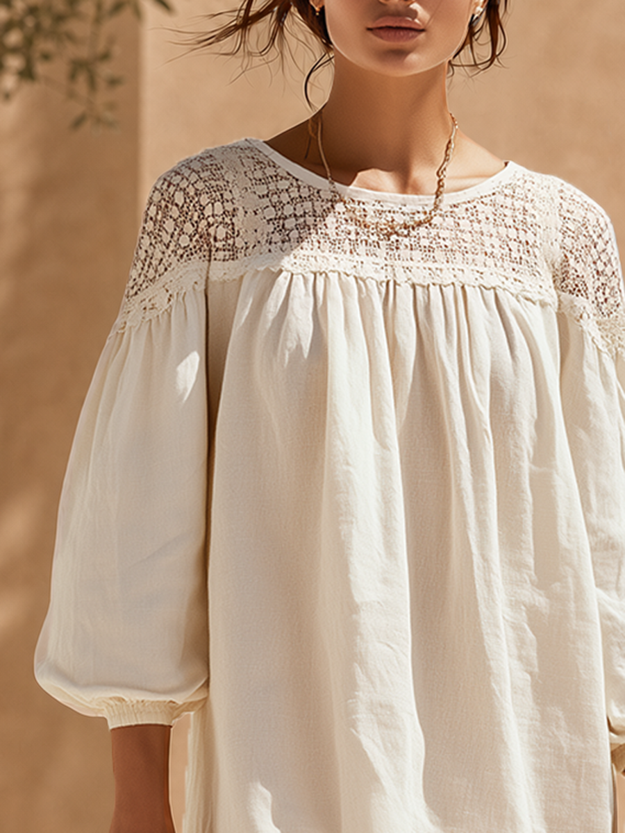 Old Money Vacation Lace-Panelled Cotton-Linen Long-Sleeve Mini Dress