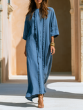 Old Money Three-Quarter Sleeves And Tassels Blue Cotton-Linen Maxi Dress