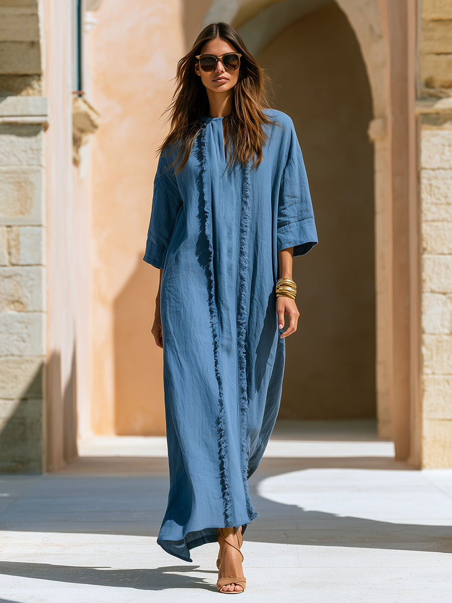 Old Money Three-Quarter Sleeves And Tassels Blue Cotton-Linen Maxi Dress