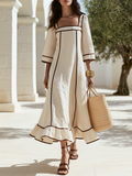 Old Money Square-Neck Short-Sleeve Brown Webbing Beige Cotton-Linen Maxi Dress