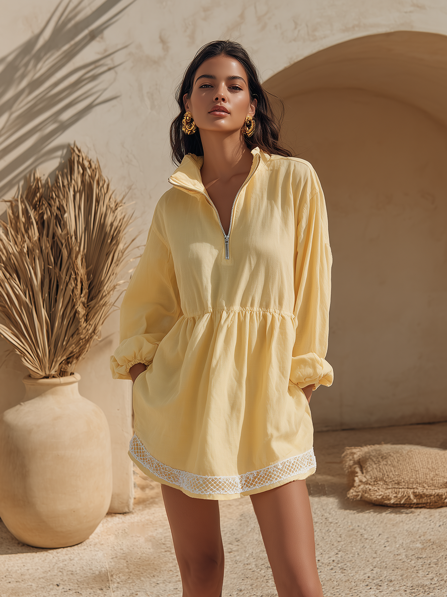 Old Money Style Stand-Collar Half-Zip Ruffled Lace Trim Cotton Mini Dress