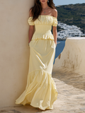 Vacation-style Off-shoulder Short-sleeve Ruffled Maxi Dress