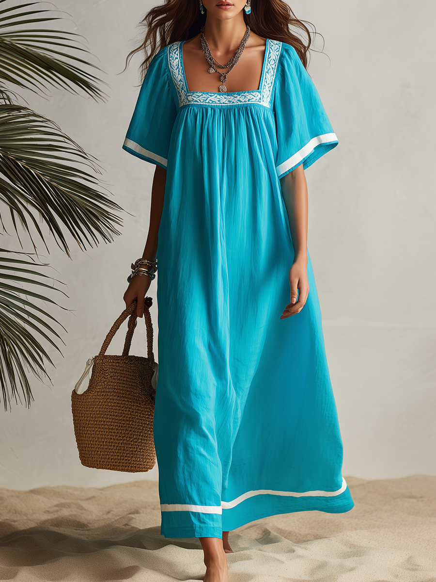 Vacation-style Square-neck Loose Short-sleeve A-line Maxi Dress
