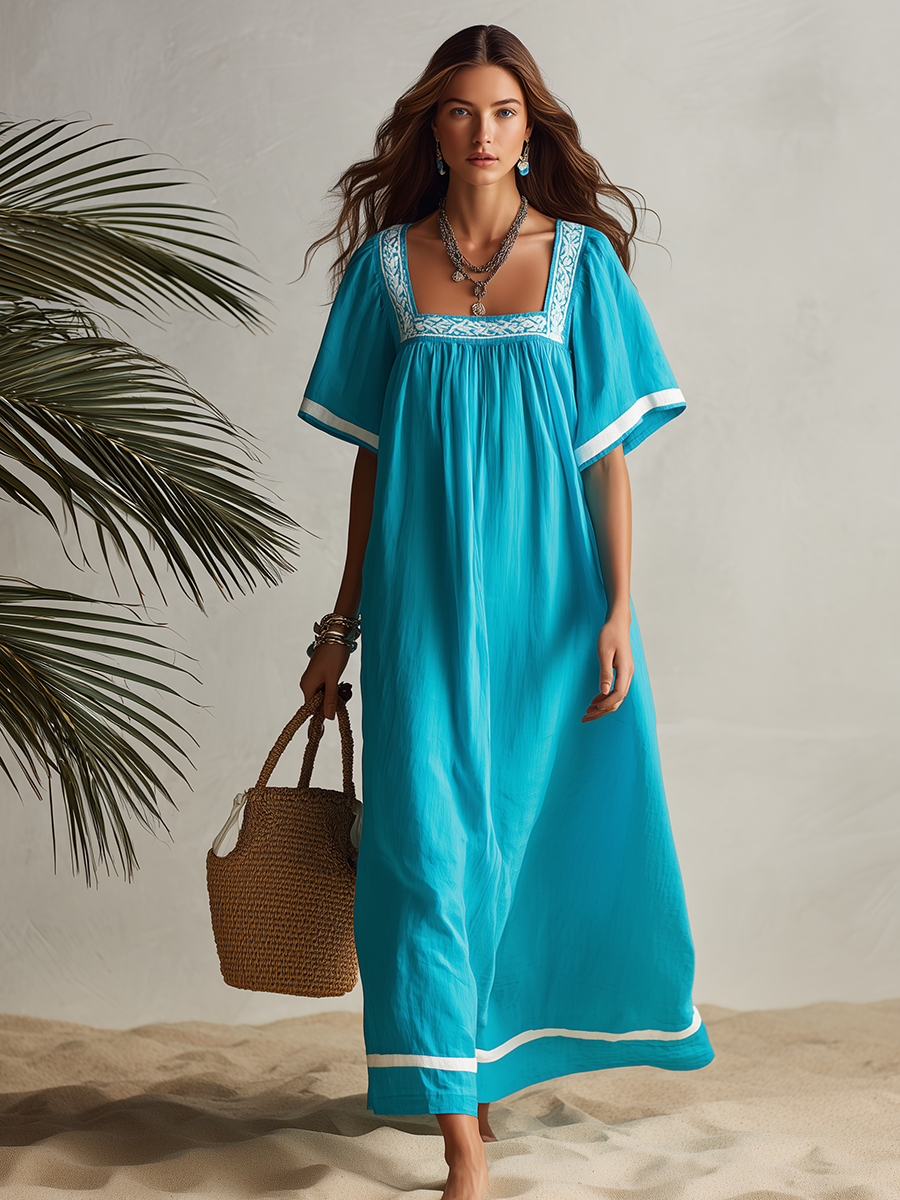 Vacation-style Square-neck Loose Short-sleeve A-line Maxi Dress