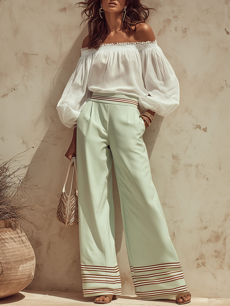 Elegant Vacation-style Off-the-shoulder Top And Color-blocked Striped Flared Pants Set