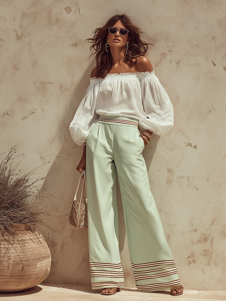 Elegant Vacation-style Off-the-shoulder Top And Color-blocked Striped Flared Pants Set