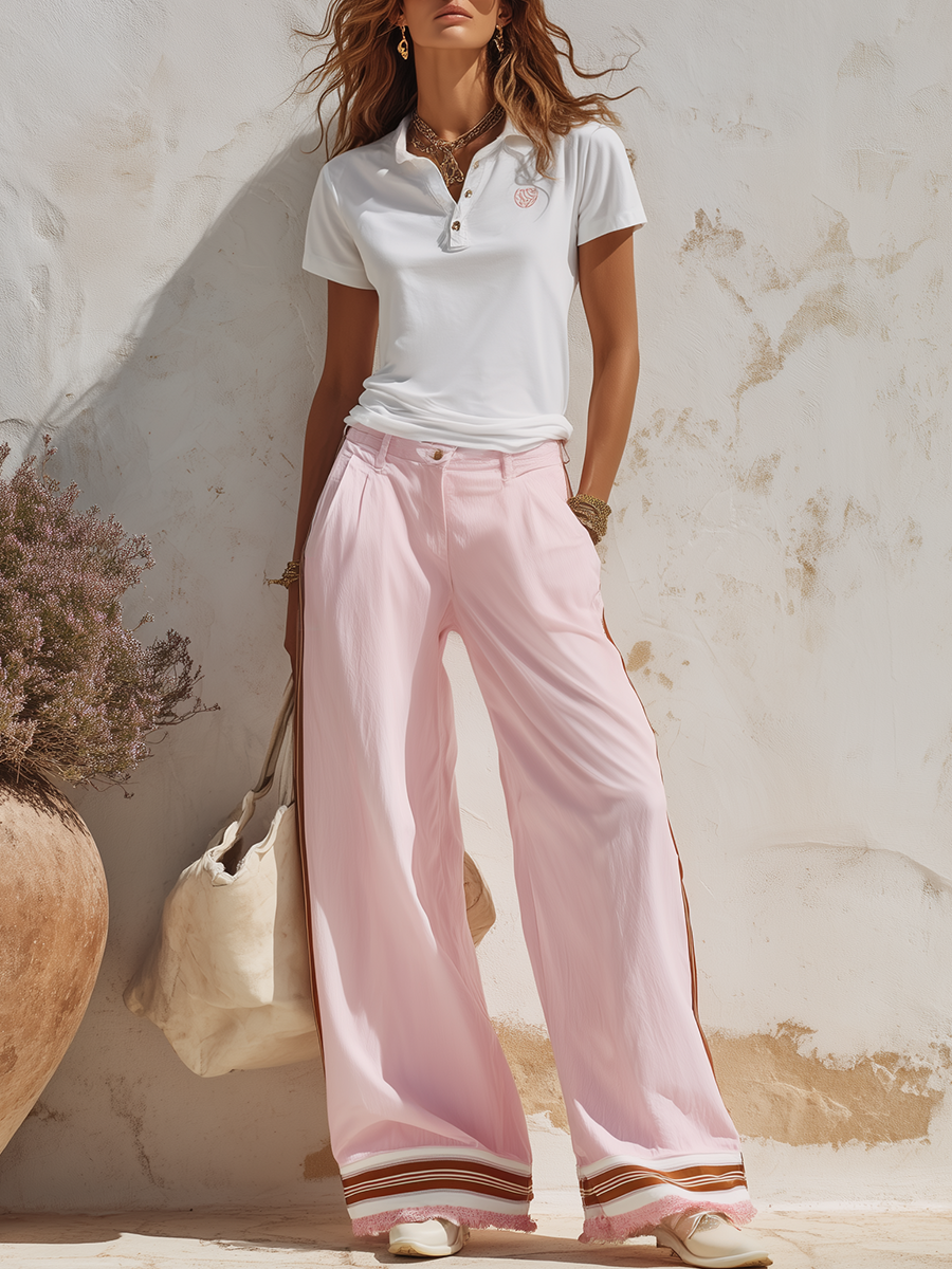 High-quality Casual Short-sleeved Polo Shirt And Cotton-linen Wide-leg Pants Set