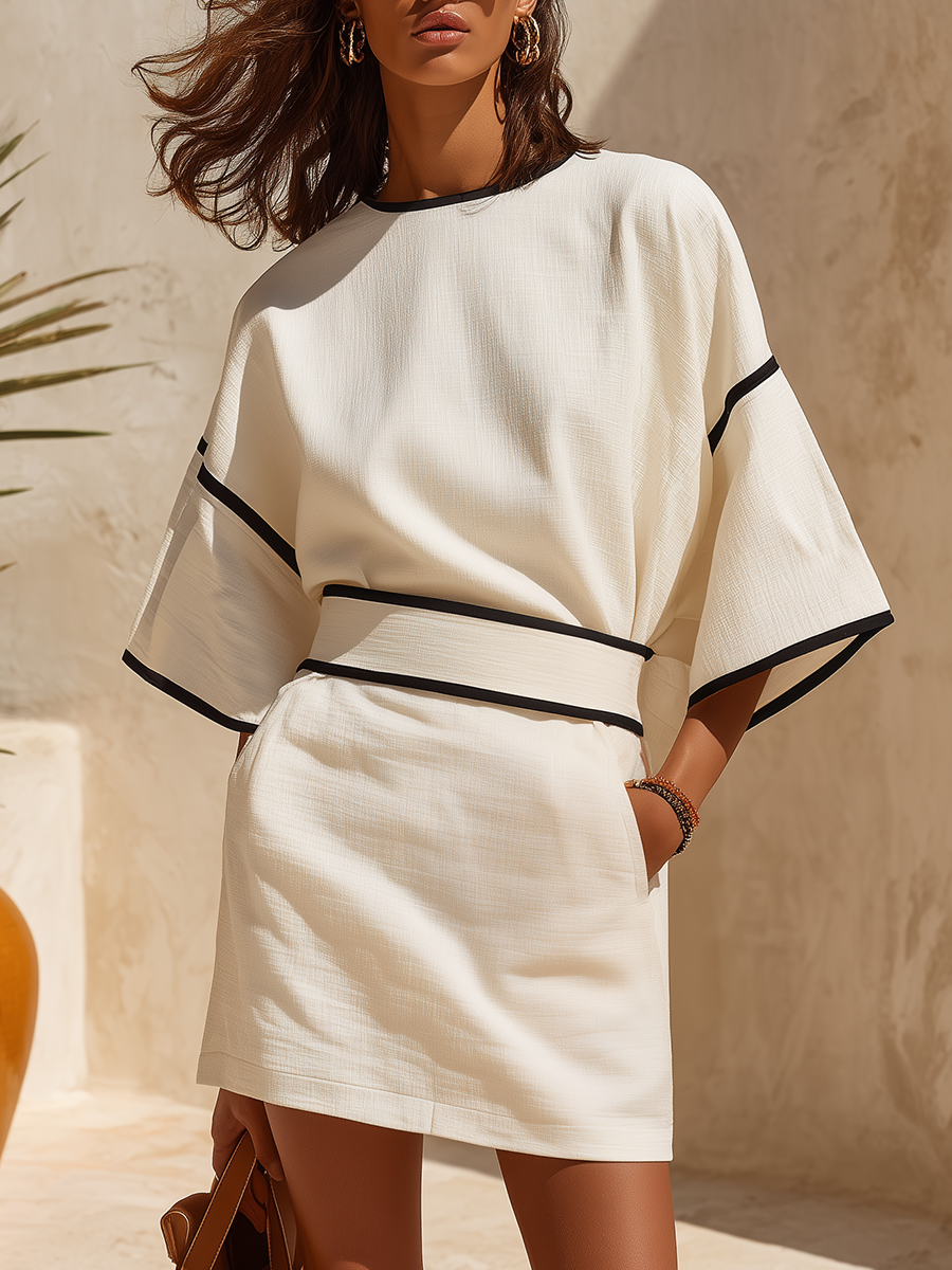 Retro-elegant Color-blocked Trim Mini Dress
