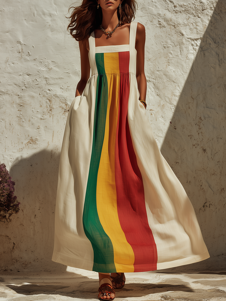 Retro Square Neck Rainbow Striped Maxi Dress