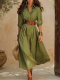 Elegant Vacation Solid Color Cotton Linen Shirt Dress