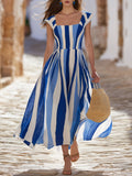 Mediterranean Holiday Linen Blend Blue White Vertical Stripe Square Neck Cap Sleeve Flowy Midi Dress
